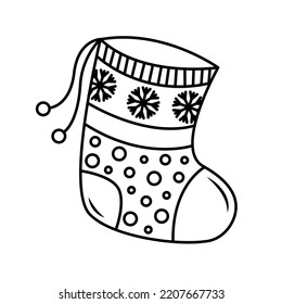 Christmas Sock with Patterns and Snowflakes Graphic New Year Black and White Sketch Isolated Illustration Vector