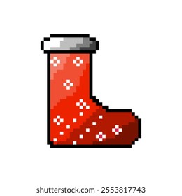 Christmas sock in pixel style vector illustration isolated on transparent background.	Classic xmas stocking New Year element in 16-bit retro video game style. 