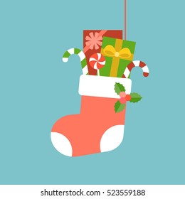 Christmas Sock with present boxes and candy cane, holly, flat design with long shadow