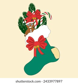 Christmas sock with presents and a spruce branch, Christmas. Vector color drawing