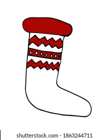 calcetín de Navidad con adorno rojo. Imagen de clip vectorial sobre fondo blanco.