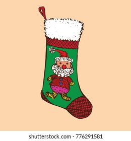 Christmas sock with Santa, hand drawn doodle sketch, isolated vector colour illustration