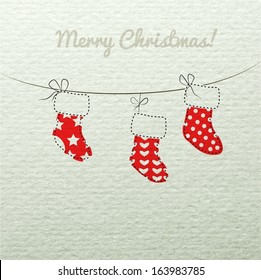 Christmas sock santa red on vintage watercolor paper hanging on a rope. Vector EPS 10 illustration.