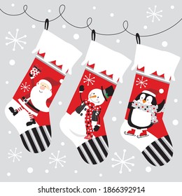 Christmas sock, santa, snowman and penguin for greeting card, christmas gift bag or box design