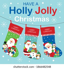 Christmas sock, santa, snowman and penguin for greeting card or gift bag and box design