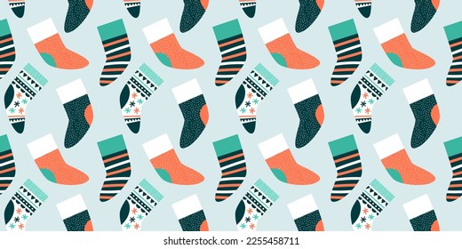 Christmas sock seamless pattern illustration. Funny holiday decoration background in retro cartoon style. Vintage winter ornament print texture wallpaper for xmas event.