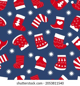 christmas sock seamless pattern. new year ornament pattern. winter traditional decorations. gifts over the fireplace. stock vector illustration of a flat cartoon.