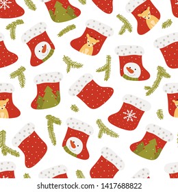 Christmas sock seamless pattern on white background. Hand drawn. Vector illustration