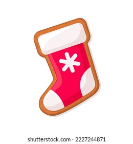 Christmas sock shaped gingerbread cookie with red icing decoration. Winter homemade sweet. Flat vector illustration isolated on white background. Useful for holidays design 