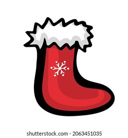 Christmas sock with snowflake in doodle style. Winter vector illustration isolated on white background.
