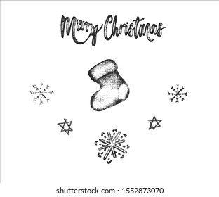 Christmas sock, snowflakes, stars and Merry Christmas lettering in vintage style and vector format. Black and white holiday illustration, winter elements isolated on white