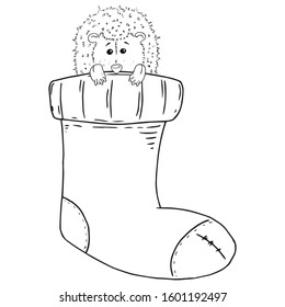 Christmas sock with soft toy icon. Vector illustration of a Christmas sock with a children's gift. New Year's gift sock with a gift.