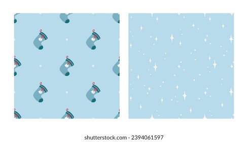 Christmas sock and sparkles seamless pattern set. Christmas and New Year concept. Hand drawn light blue vector texture for wallpaper, prints, wrapping, textile