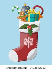 Christmas sock stocking with holly, gift box, gingerbread man, glass ball candy cane. Happy new year decoration. Merry christmas holiday. New year and xmas celebration. Vector illustration flat style