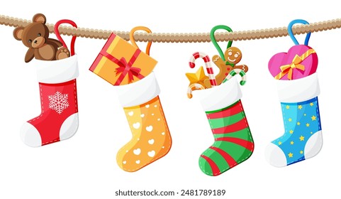 Christmas sock stocking on rope with teddy bear, gift box, gingerbread man, candy cane. Happy new year decoration. Holiday new year and xmas celebration. Vector illustration flat style