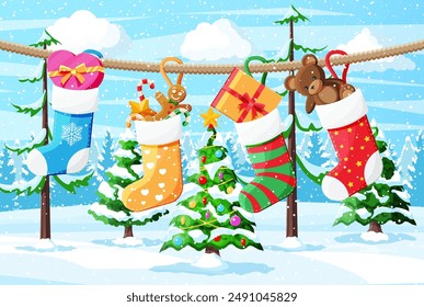 Christmas sock stocking on rope with teddy bear, gift box, gingerbread man, candy cane. Happy new year decoration. Holiday new year and xmas celebration. Vector illustration flat style