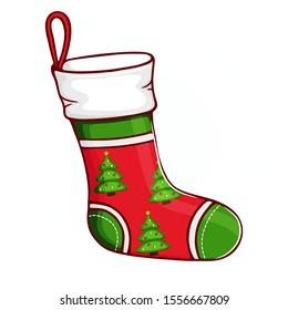 Christmas sock, stocking with pattern of Xmas tree. Festive decorations. Colorful vector illustration in cartoon style isolated on a white background. Design elements for Happy New Year. Hand drawn.