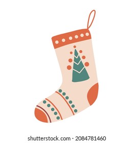Christmas sock or stocking with pine tree. Ornate holiday stockings and socks for gifts