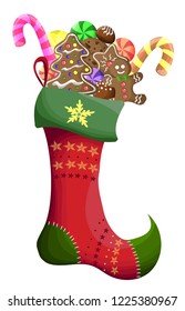 Christmas sock with sweets. Candy, cookies, gingerbread, icicles. New year gift. All elements are isolated.