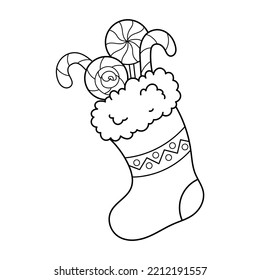 Christmas sock with sweets. Coloring book. Christmas. New Year. Black and white vector image.