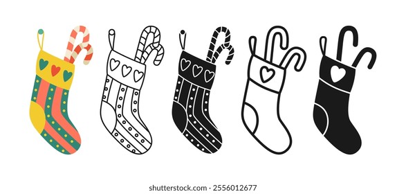 Christmas sock with sweets icon set. Xmas festive stocking for Santa gift simple illustration. Winter symbol New year tradition sock sign for Christmas greeting card postcard sticker invitation vector