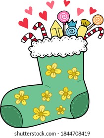 Christmas sock with sweets. Single element for design. Christmas and New Year. Scandinavian. Isolated on a white background. Clipart. Postcard, sticker, advertising. Pastel colors. Cartoon style.