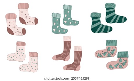 Christmas sock template with winter pattern design. Xmas icon with hosiery pair for national day in December. Two autumn warm short foot cloth. Cotton or wool cute graphic with tree ornament set