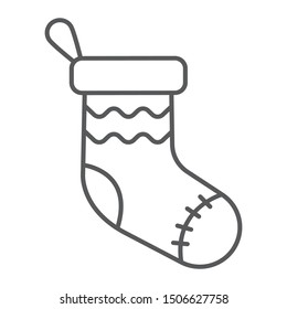 Christmas sock thin line icon, decor and new year, festive stocking sign, vector graphics, a linear pattern on a white background, eps 10.