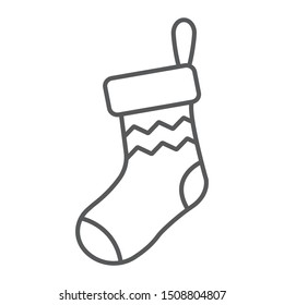 Christmas sock thin line icon, decor and new year, festive stocking sign, vector graphics, a linear pattern on a white background, eps 10.