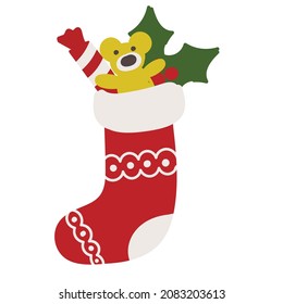 Christmas sock with toy, candy, and mistletoe branches