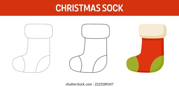 Christmas Sock tracing and coloring worksheet for kids