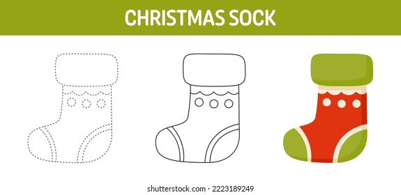 Christmas Sock tracing and coloring worksheet for kids