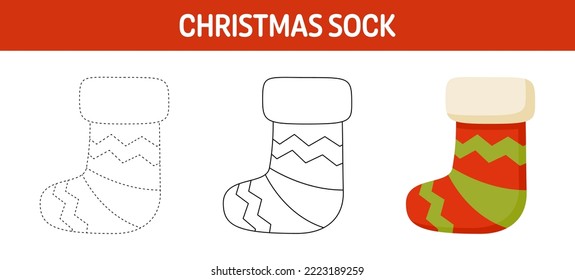 Christmas Sock tracing and coloring worksheet for kids