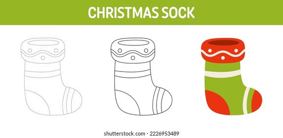 Christmas Sock tracing and coloring worksheet for kids