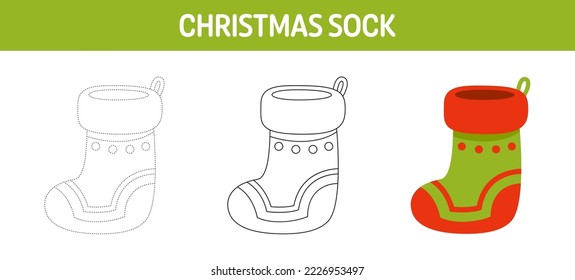 Christmas Sock tracing and coloring worksheet for kids