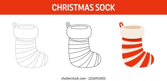 Christmas Sock tracing and coloring worksheet for kids