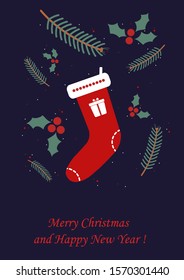 christmas sock tree new year holly merry greeting card design