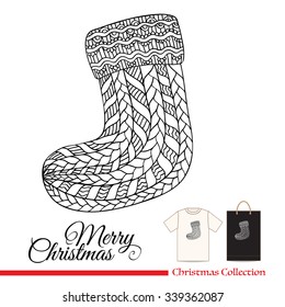 Christmas  sock . T-shirt design or plastic or paper bag design with Christmas decorative elements in zentangle style
