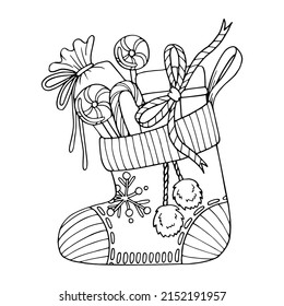 Weihnachtssocken, Vektorfarbseite. Feierliche Geschenkbox, Lollipops. Handgezeichnete Wintergrafik-Illustration. Fröhlicher Urlaub. Farbbuch für Kinder und Erwachsene. Schwarz-Weiß-Skizze.