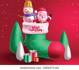 Christmas sock vector design. Santa claus and snowman characters in pattern socks with merry christmas and happy new year greeting text  in red background. Vector illustration greeting card concept. 
