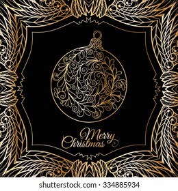 Christmas Sock. Vector hand drawn decorative illustration with pattern frame and words Merry Christmas in gold and black colors