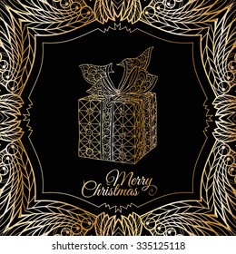 Christmas Sock. Vector hand drawn decorative illustration with pattern frame and words Merry Christmas in gold and black colors