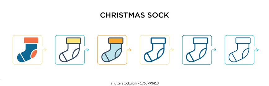 Christmas sock vector icon in 6 different modern styles. Black, two colored christmas sock icons designed in filled, outline, line and stroke style. Vector illustration can be used for web, mobile,