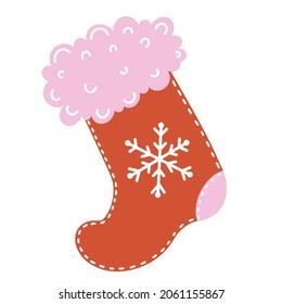 Christmas sock vector icon. Hand-drawn color doodle. Red stocking with pink fur, patch, snowflake. Festive concept for decoration, winter holiday design, celebration, postcard printing, web.