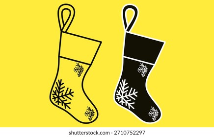 Ilustración vectorial de calcetín de Navidad. Calcetín de navidad y conjunto de iconos de silueta, calcetín festivo de vacaciones, detalle de puntera y talón, ideal para la celebración invernal, decoración, diseño de regalos y saludos. 
