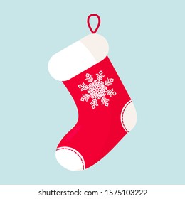 Christmas sock with white snowflake.. Flat icon on a white background. Vector illustration.
