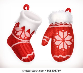 Christmas sock and winter knitted mitten. 3d vector icon