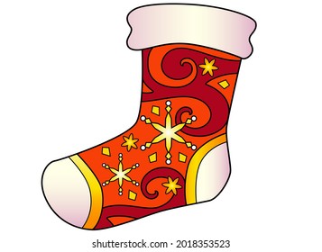 Christmas sock with zentangles - vector Christmas full color zentangle illustration - with snowflakes and stars. New Year's zentangle with a sock for gifts with painted patterns.