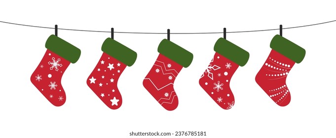 Christmas socking garland. Home decoration. Red stock for present. Merry Christmas. Cute vector illustration.