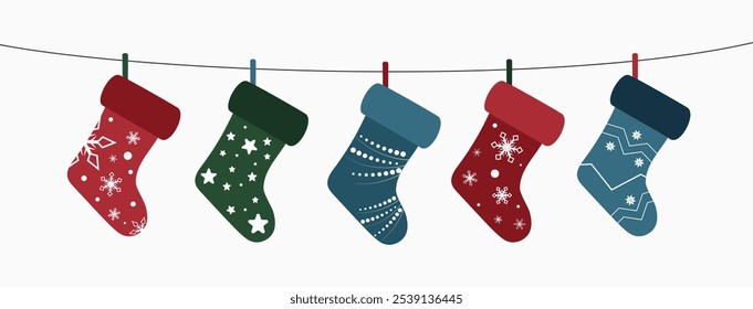 Christmas socking garland. Home decoration. Colorful socks for present. Merry Christmas vector illustration.